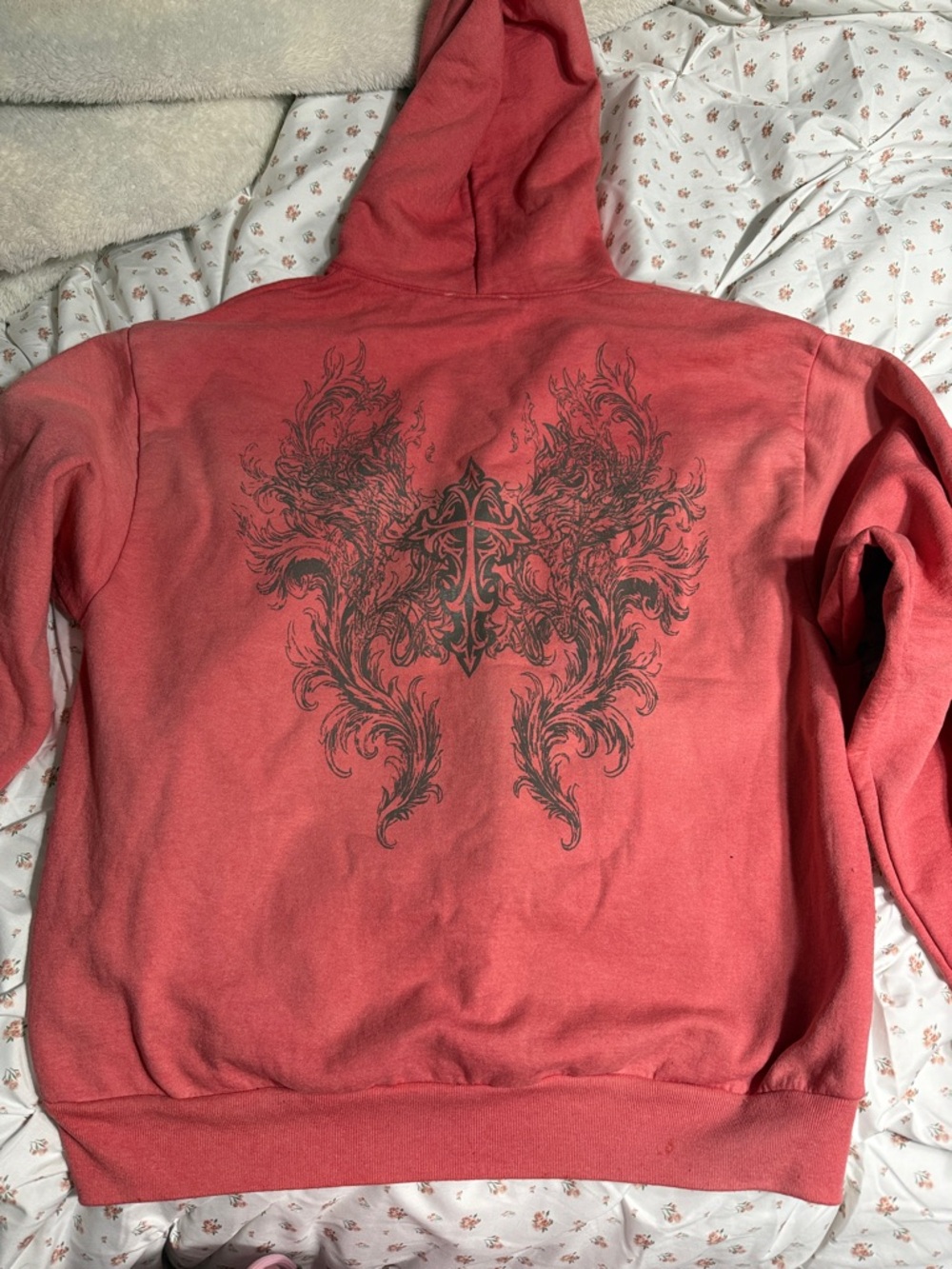 Miss Me Coral Red Pullover with Grey Graphic Logo